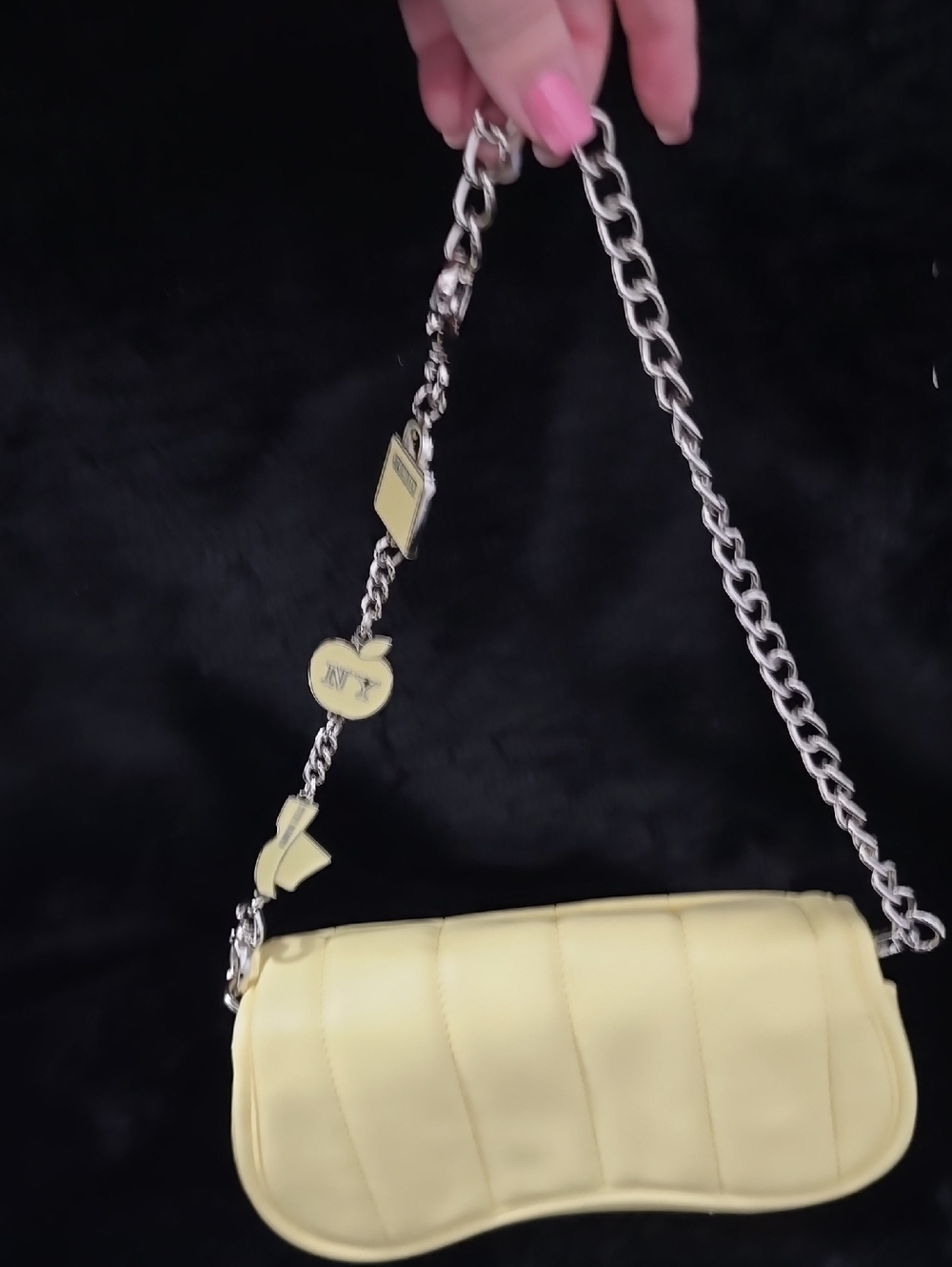 Steve Madden Pale Yellow Quilted Mini Shoulder Bag with Charm Chain
